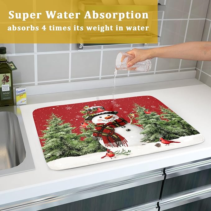 Christmas Dish Drying Mat for Kitchen Counter Snowman Green Christmas Tree - Image 7