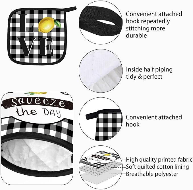 5 Pieces Buffalo Plaid Kitchen Towels Oven Mitts and Pot Holder Set Black and - Image 3