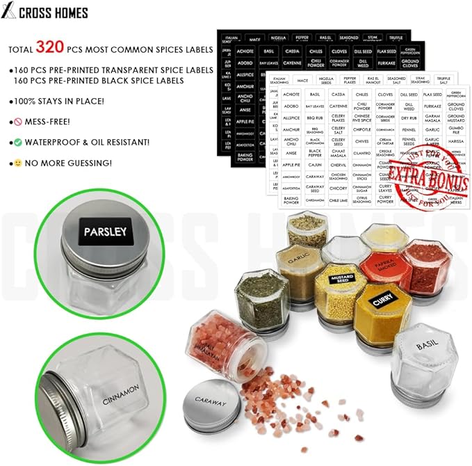 20 Pack Magnetic Spice Jars for Refrigerator, Hexagon Glass Magnetic Spice Jar - Image 4