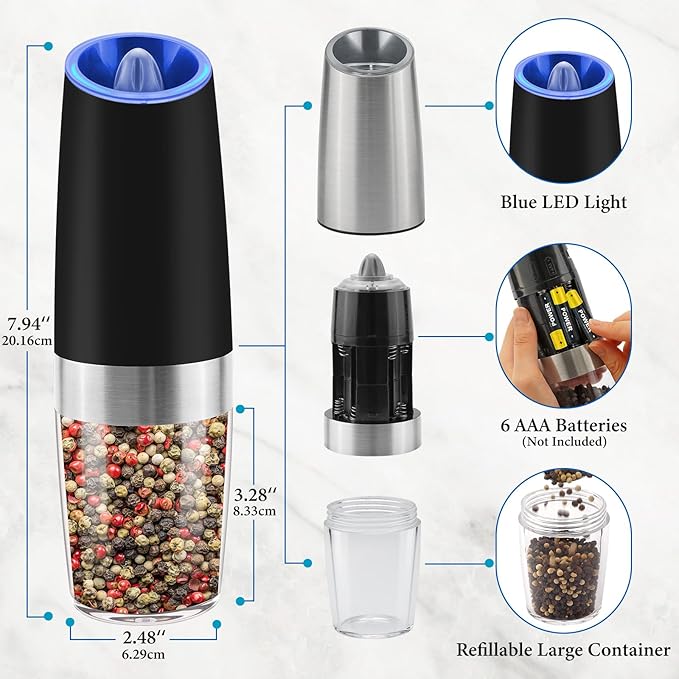 Gravity Electric Salt and Pepper Grinder Set, Battery Powered LED Light One - Image 2