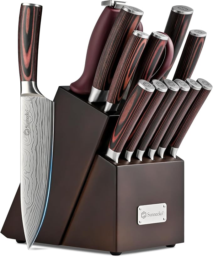 Sunnecko Knife Set with Block and Sharpener by Sunnecko