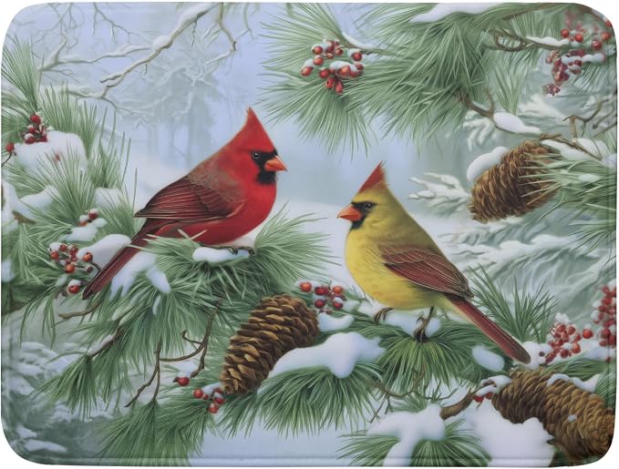 Winter Dish Drying Mat for Kitchen Counter Cardinal Birds Pine Trees Festival by Unknown