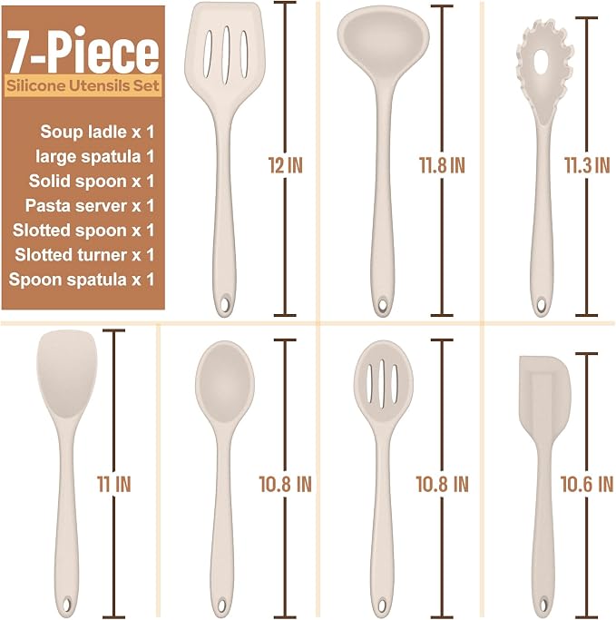 E-far Silicone Cooking Utensils Set, 7-Piece Khaki Heat Resistant Kitchen - Image 2