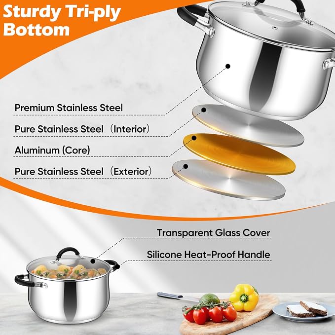 P&P CHEF Stainless Steel Stock Pot, 6 Qt Cooking Soup Pot - Image 3