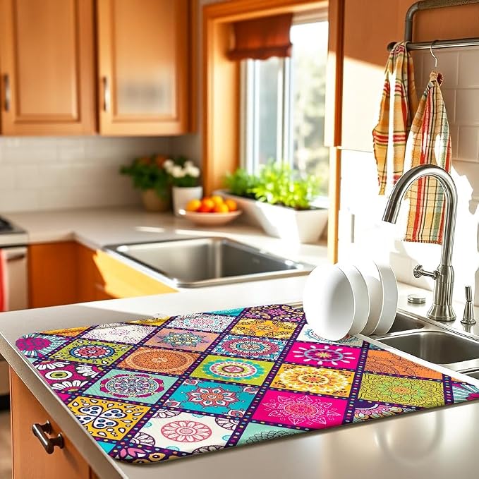 Boho Drying Mat 16" X 18" Abstract Plaid Kitchen Counter Stone Large Dish - Image 2