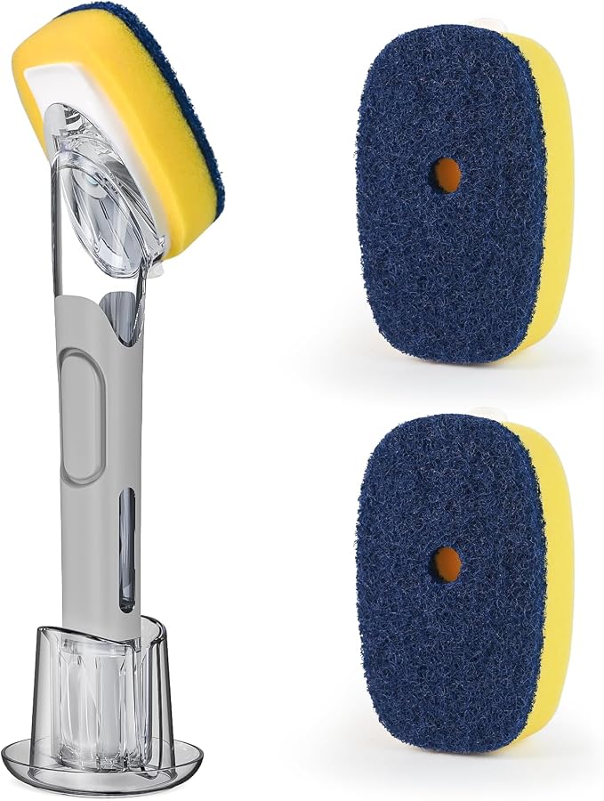 Dish Brush with Soap Dispenser Storage Set with 2 PCS Sponge Refills & Holder by RIMAY
