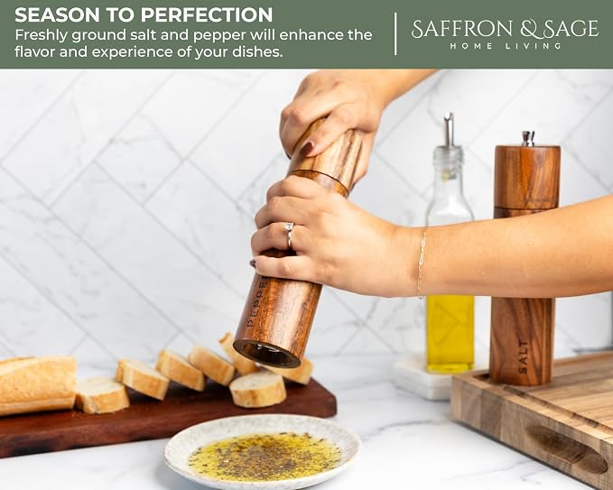 Saffron & Sage Premium Acacia Wood Salt and Pepper Grinder Set of 2-8” Tall - Image 6