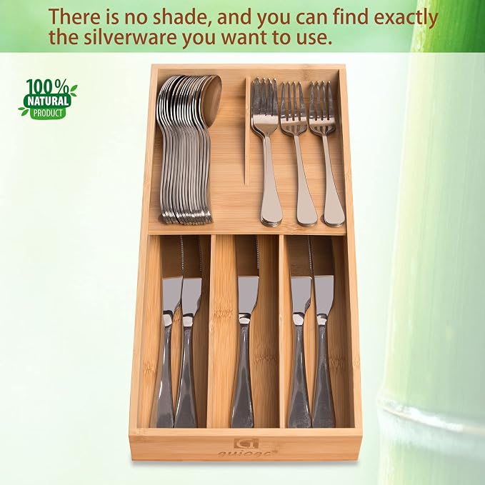 guiogc Bamboo Silverware Organizer, Kitchen Silverware Drawer Organizer - Image 5