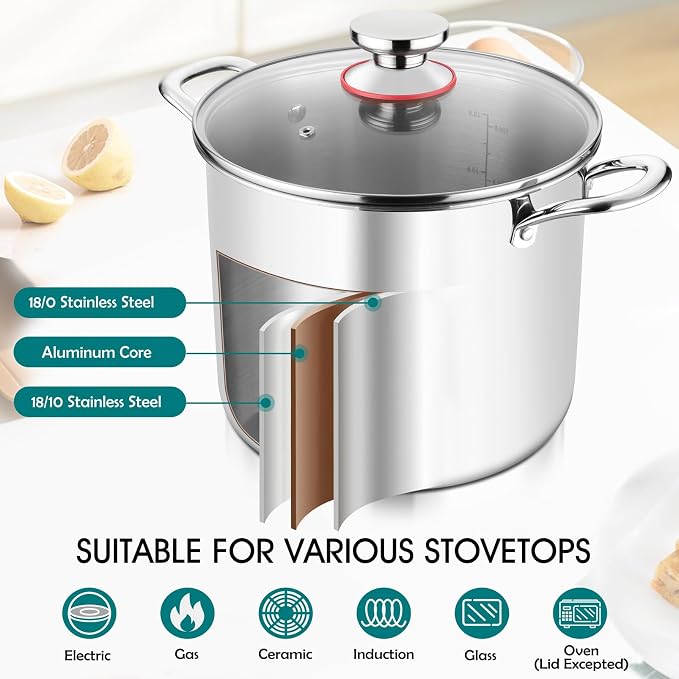 TeamFar 10 Quart Stock Pot, Stainless Steel Tri-ply Large Stockpot Pasta Soup - Image 4