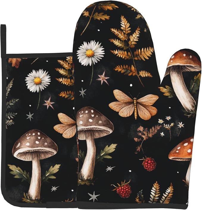 Mushroom Oven Mitts Set – Vintage Pot Holders Kitchen Gloves by DZGlobal