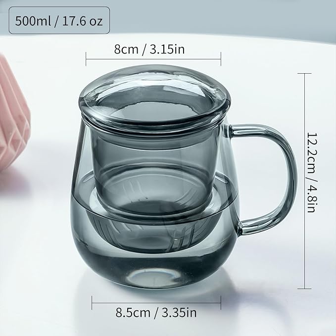 Glass Tea Cup with Infuser and Lid, 17.6oz/520ml Large Borosilicate Teacup - Image 2