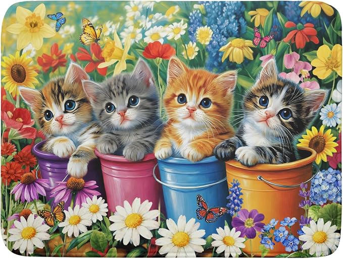 Lovely Cat Drying Mat for Kitchen Counter Colorful Flower Absorbent Coffee Bar by Giwawa