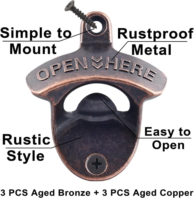 Old Fashioned Wall Mount Beer Opener Stainless, Antique Copper Bronze Soda - Image 2