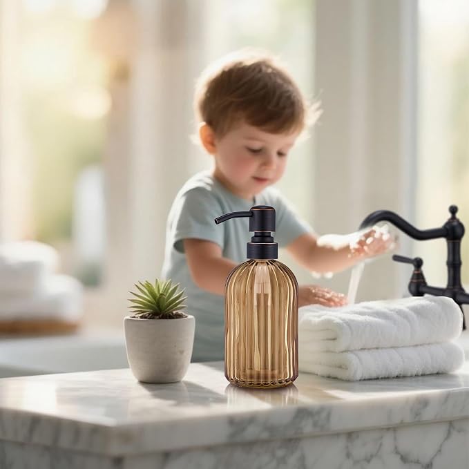 16 OZ Amber Glass Soap Dispenser, Amber Stripe Bathroom Hand Soap Dispensers - Image 6