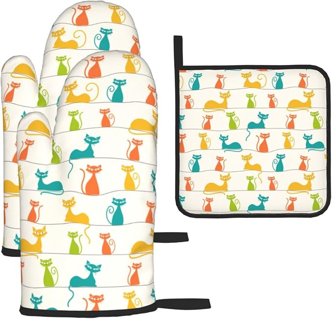 Mid Century Modern Cats Oven Mitts and Pot Holders Set Heat Resistant Cute Oven by Unknown
