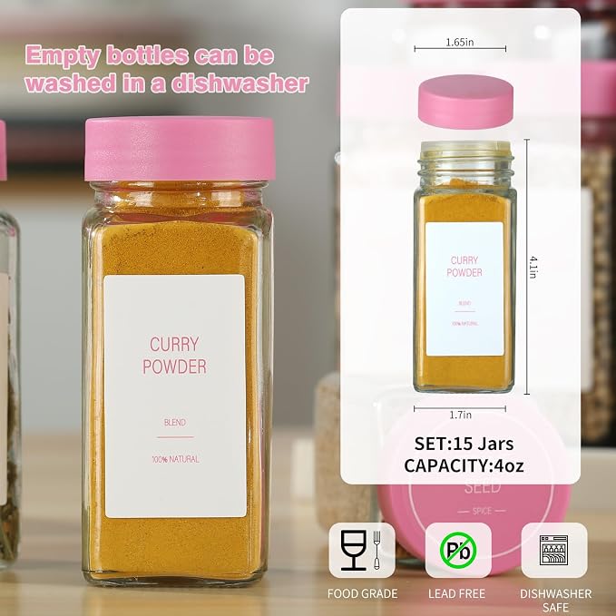 Pink Spice Jars with Label，4oz Seasoning Containers, Glass Spice Bottles with - Image 4
