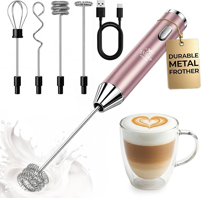 Zulay Kitchen Metal Rechargeable Milk Frother, 3 Whisk Attachments Handheld by ZulayKitchen