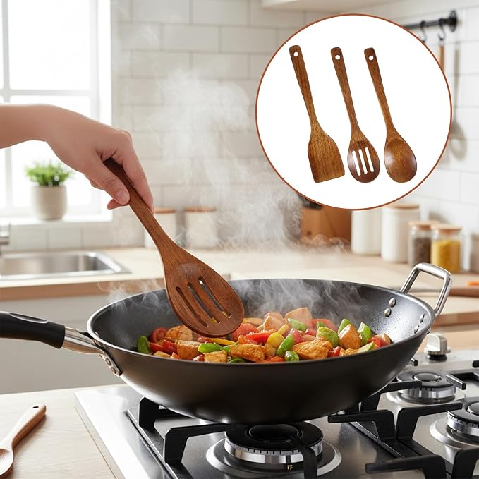 3PCS Wooden Spoons for Cooking 12 inch Non Scratch Woodens Spatulas Set - Image 6