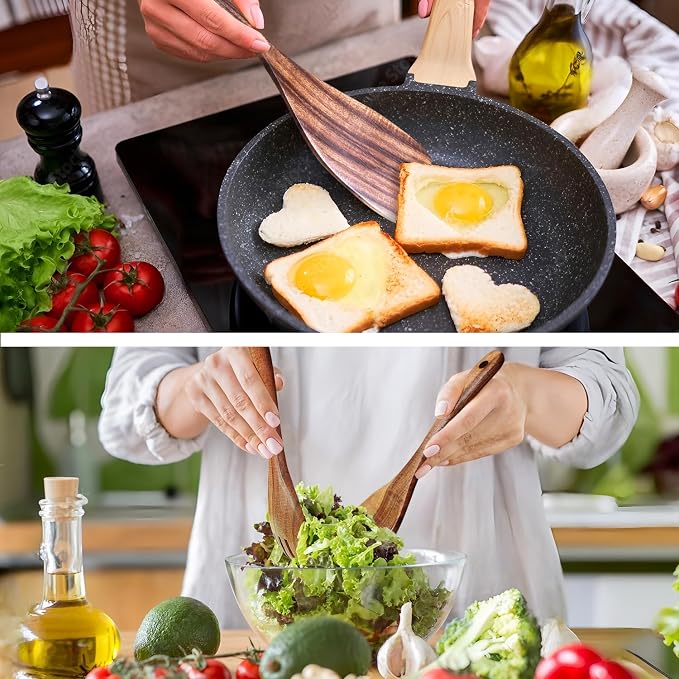 Wooden Spoons for Cooking 9 Pieces Set, TeakWooden Kitchen Utensil Set - Image 5