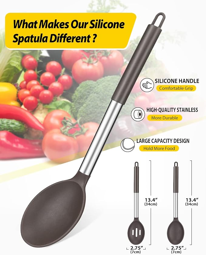 Pack of 2 Large Silicone Cooking Spoons, Non Stick Solid Basting Spoon - Image 2