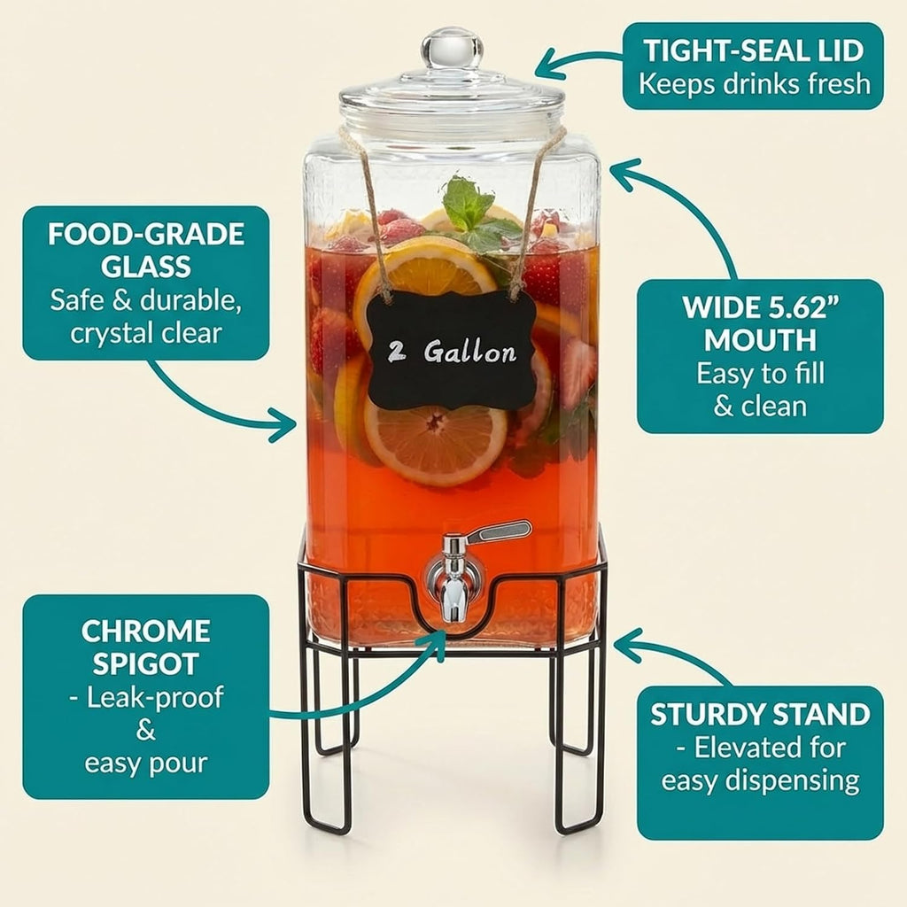 2 Gallon Glass Drink Dispenser, Drink Dispensers for Parties, Beverage