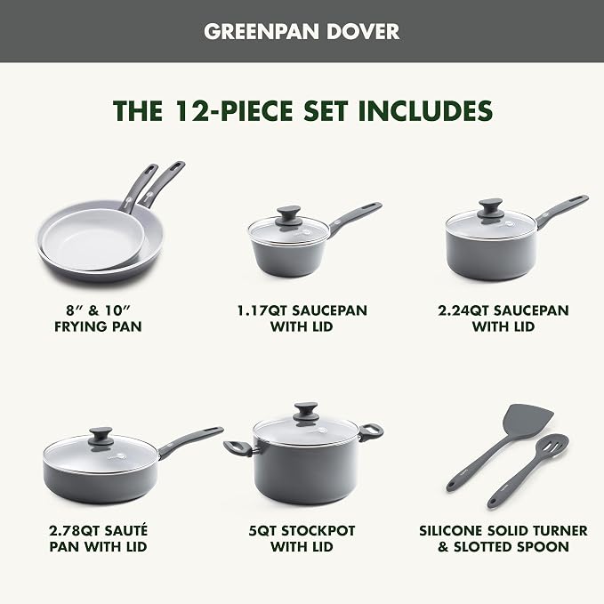 GreenPan Dover Healthy Ceramic Nonstick, 12 Piece Cookware Pots and Pans Set - Image 3