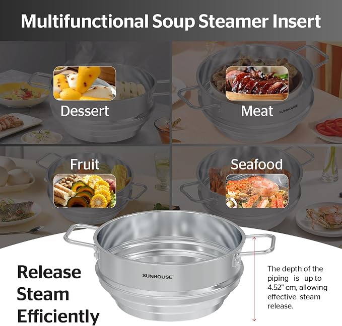 SUNHOUSE 5 Quart Stainless Steel Steamer Insert – Multi-Purpose Soup & Food - Image 4