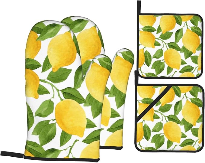 Bright Yellow Lemons Oven Mitts and Pot Holders Sets of 4, Resistant Hot Pads by Nelife