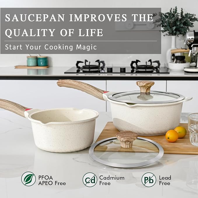 VINCHEF Sauce Pan Set with Lid 10PCS, 3 White Non Stick Cooking Pots Induction - Image 2