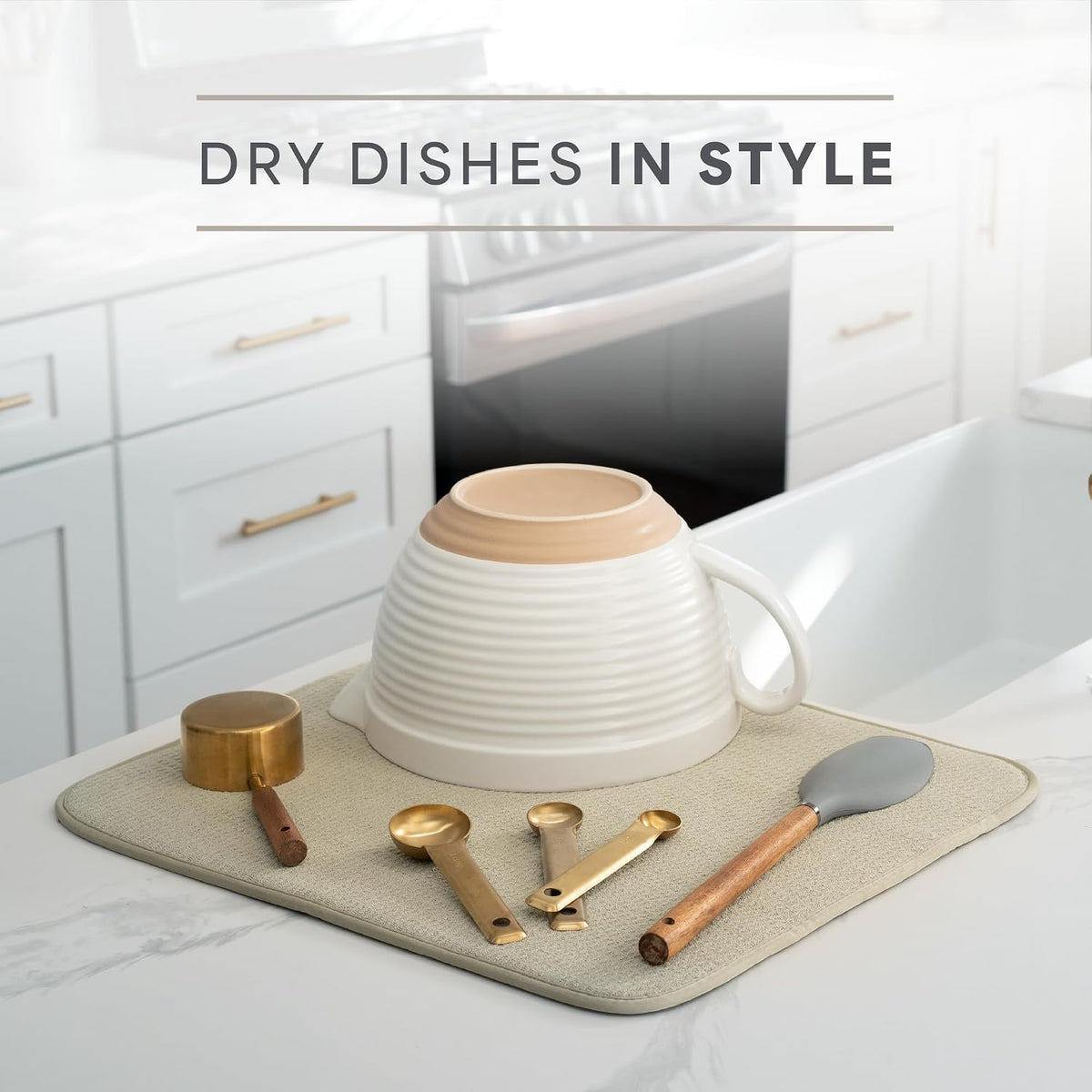 S&T INC. Dish Drying Mat, 2 Pack, 16" x 18", Large, Beige