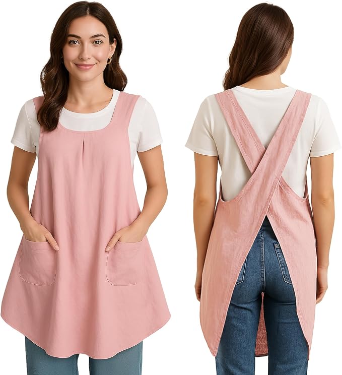 Apron for Women with Pocket Cotton Linen, Japanese Cross Back Apron for by ROLOSI
