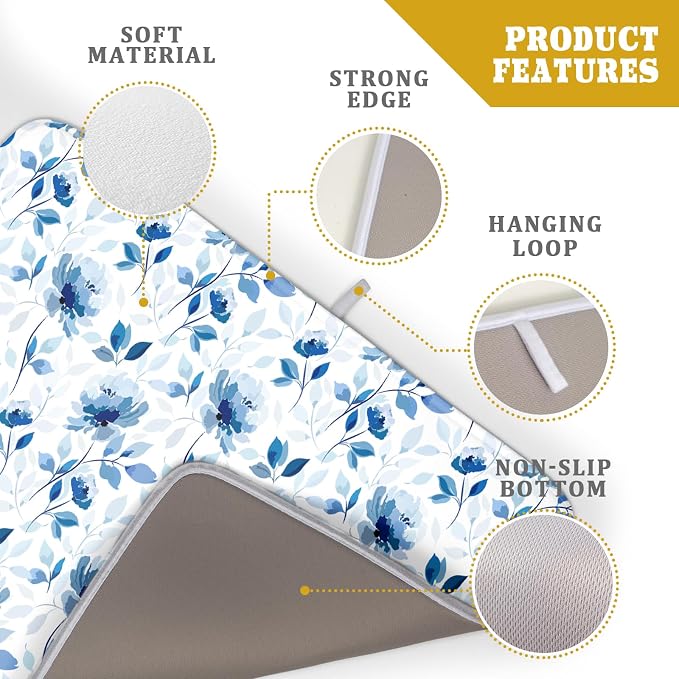 Blue Floral Dish Drying Mat 18x24 inch Flower Leaves Dish Rack Pad Microfiber - Image 4