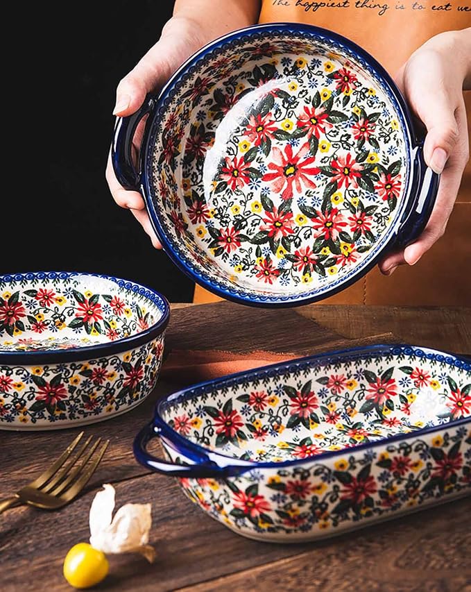 Red Daisy Flower Vintage Style Ceramic Bakeware Casserole Dish Baking Pan - Image 5