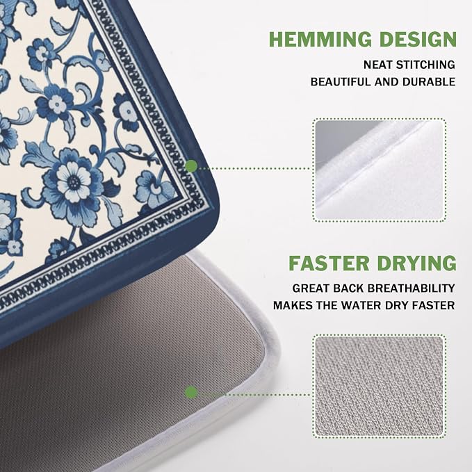Blue Floral Dish Drying Mat for Kitchen Counter Vintage Flower Pattern - Image 4