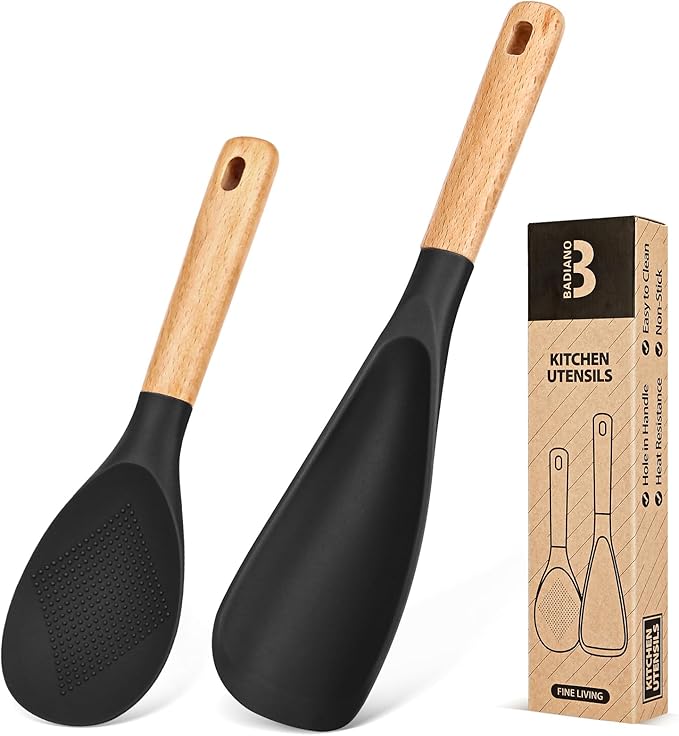 Cooking Spoon and Rice Scooper for Nonstick Cookwares, Wood Handle Spoon for by BADIANO