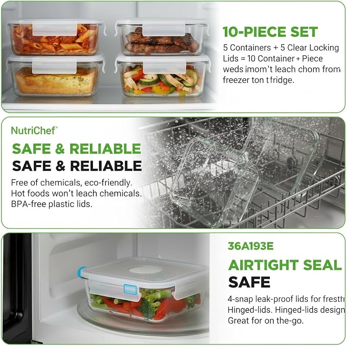 NutriChef 10-Piece Superior Glass Food Storage Containers Set, Stackable - Image 5