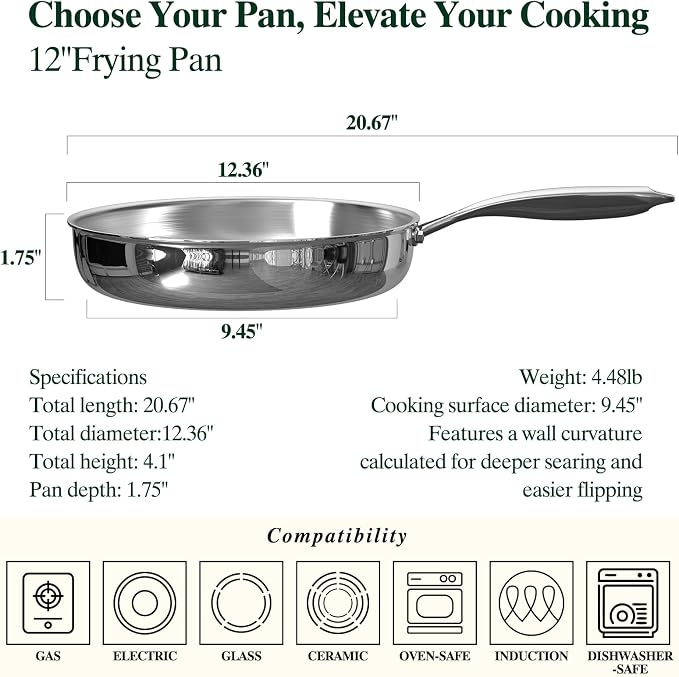 Umite Chef 12 inch 5 Ply Stainless Steel Frying Pan Non-Toxic PFOA&PTFE Free - Image 2