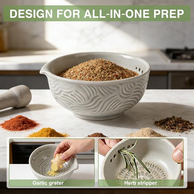 Ceramic Grater Bowl with Herb Stripper, 3 in 1 Handmade Ginger Grater Bowl - Image 3