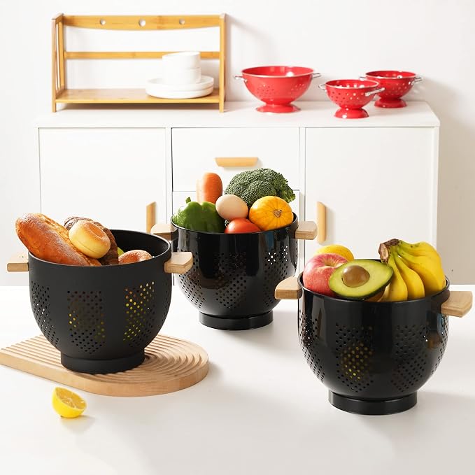 Metal Colander with Wood Handle and Stable Base, Powder Coated Steel Kitchen - Image 5