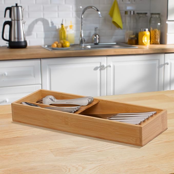guiogc Bamboo Silverware Drawer Organizer, Kitchen Cutlery Tray, Utensil Holder - Image 5