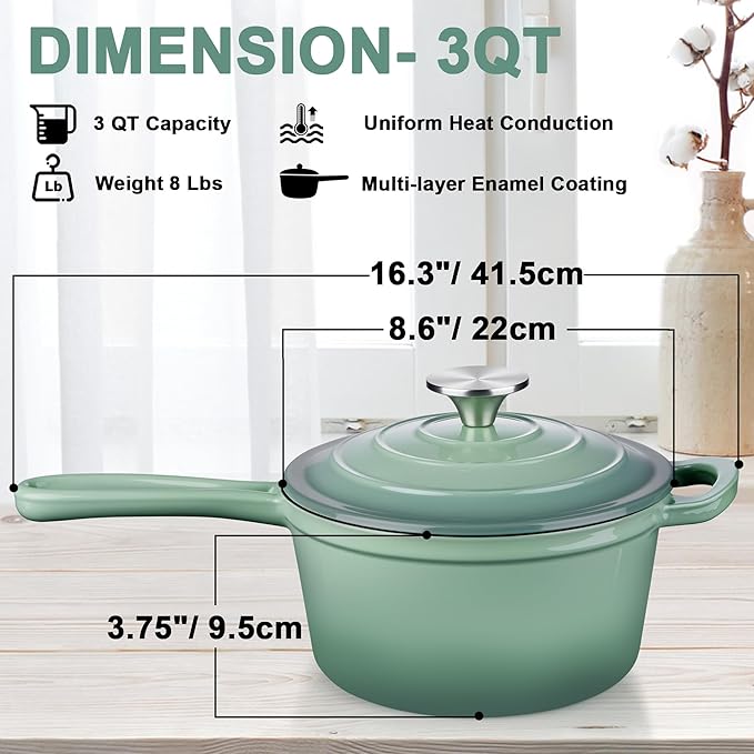 3 Quart Saucepan with Lid, Leonyo Enameled Cast Iron Sauce Pot, Large Enamel - Image 2