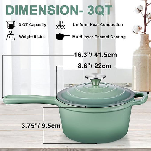 3 Quart Saucepan with Lid, Leonyo Enameled Cast Iron Sauce Pot, Large Enamel - Image 2