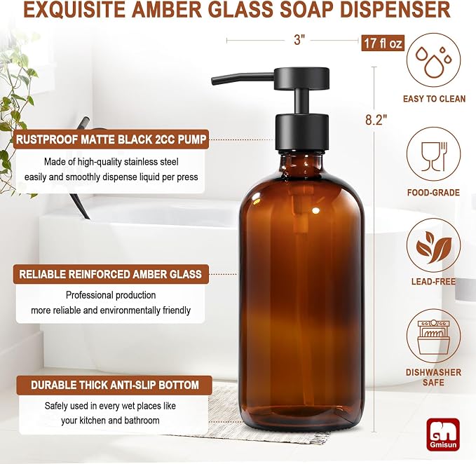 GMISUN Amber Glass Soap Dispenser, 1 Pack Dish Soap Dispensers - Image 3