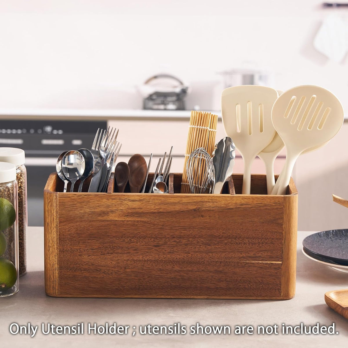 16" Wooden Kitchen Utensil Holder, Extra Large Acacia Wood Organizer