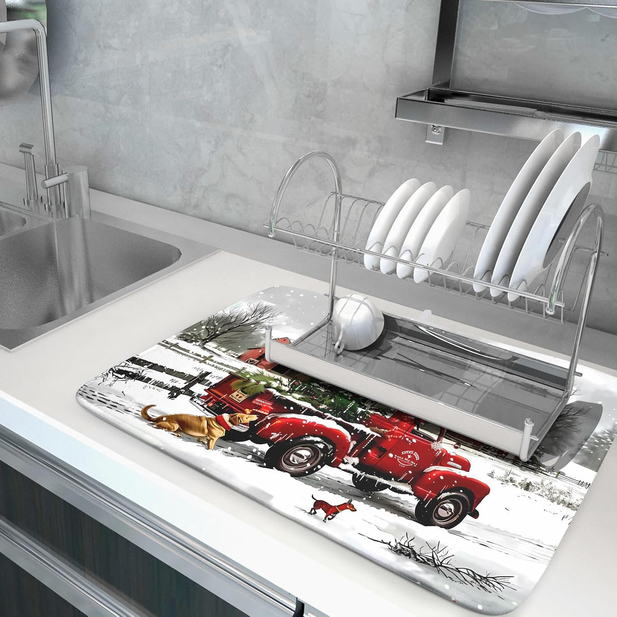 Red Truck Christmas Dish Drying Mat for Kitchen Counter 18x24 Inch