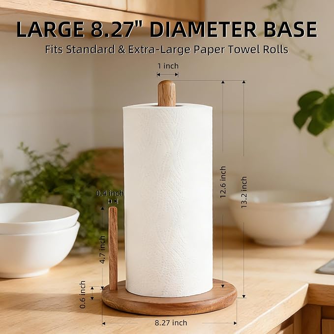 Jumbo Acacia Wood Paper Towel Holder – Large 8.27" Diameter Non-Slip Base - Image 3