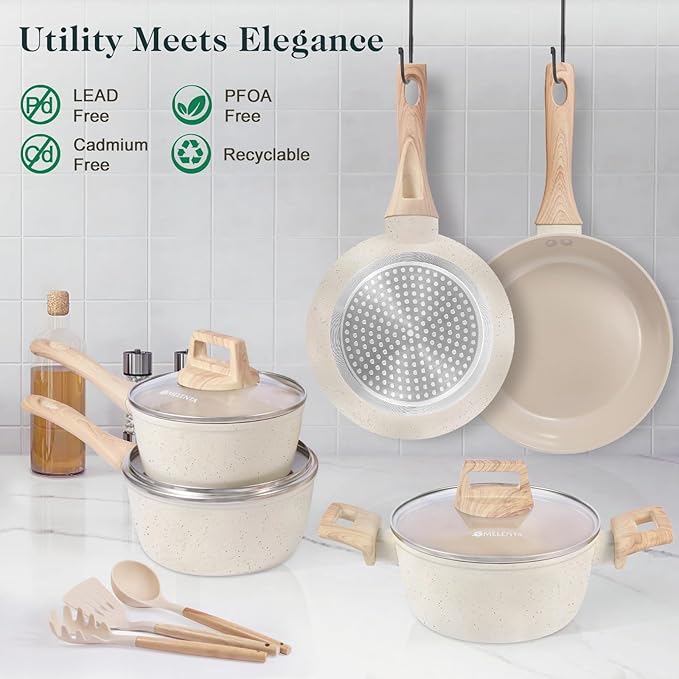 M MELENTA Pots and Pans Set Non Stick, Non Toxic Induction Kitchen Cookware Sets - Image 5