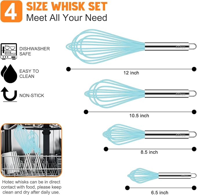 HOTEC 4 Pieces Silicone Whisks Set, Wire Balloon Whisks Egg Beater, Non-slip - Image 2