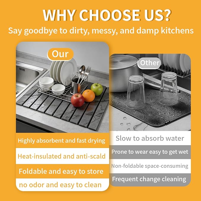 Stone Dish Drying Mat for Kitchen Counter, Foldable Water Absorbing - Image 4