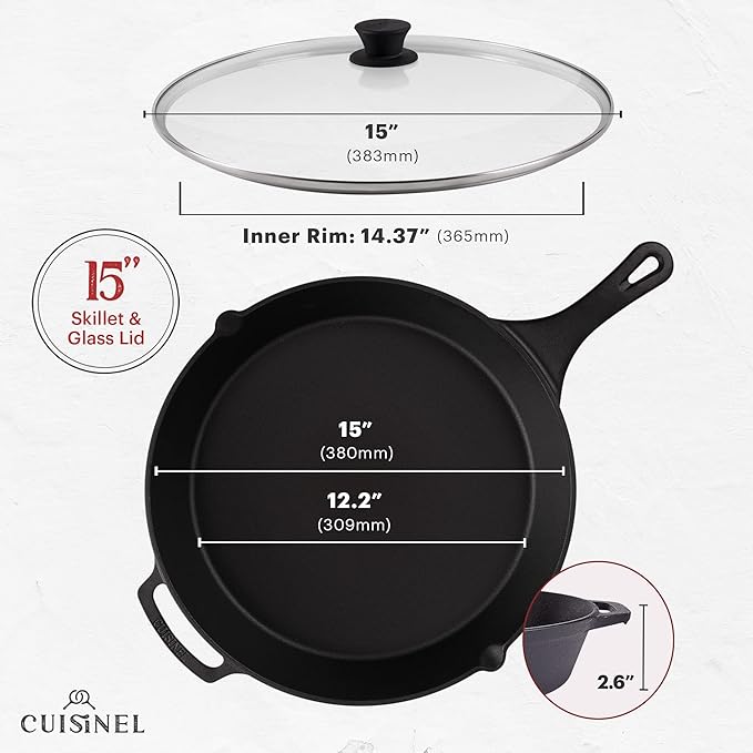 Cuisinel 15" Cast Iron Skillet + Glass Lid Cover + Pan Scraper + Heat-Resistant - Image 4